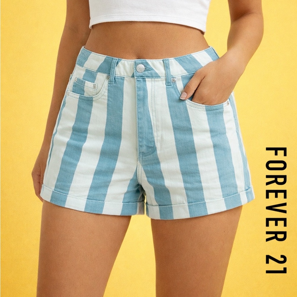 Forever 21 Blue & White Striped High-Waisted Shorts - NWOT (Size: US 28)